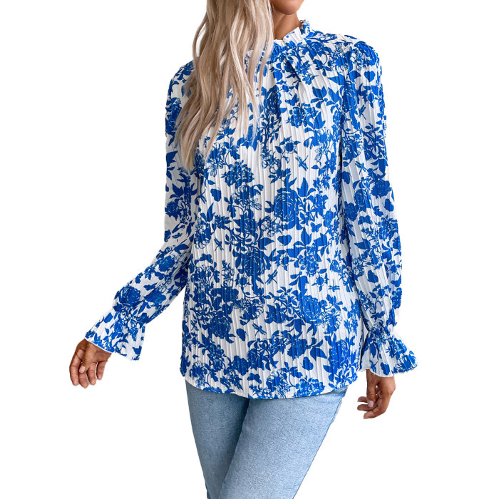 Women's Casual Printed Round Neck Long Sleeve Blouse