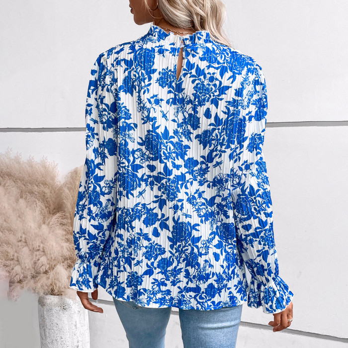 Women's Casual Printed Round Neck Long Sleeve Blouse