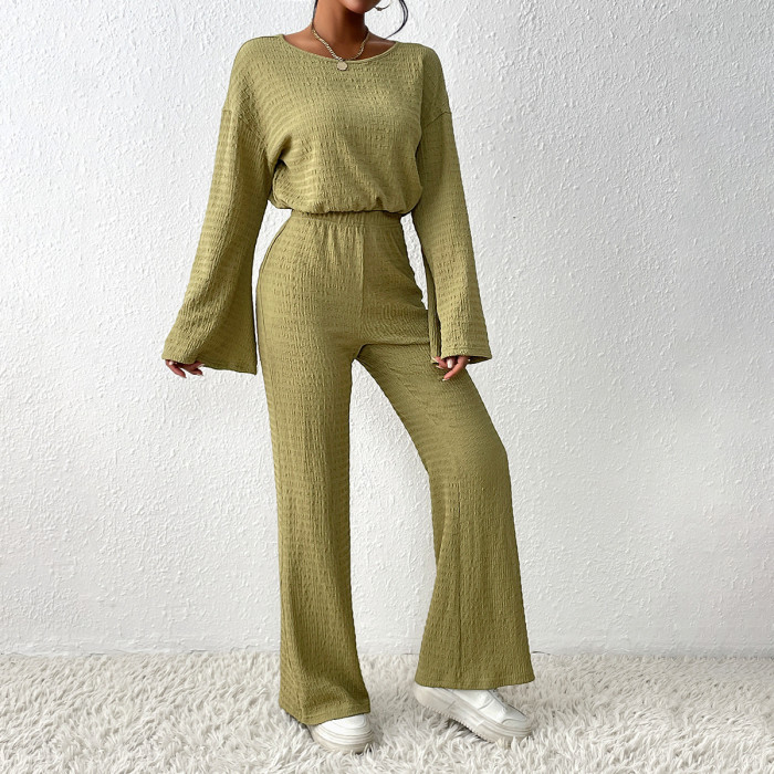 Fashionable Women's Solid Color Round Neck Long Sleeve Top + Casual Pants Two Pieces Set