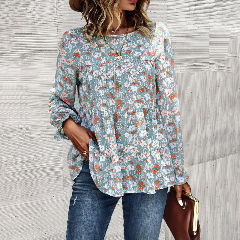 Women's Casual Round Neck Long Sleeve Floral Top Blouse