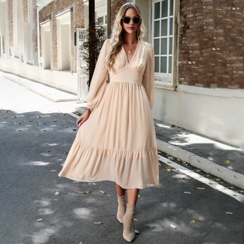 Elegant V-neck Long-sleeved Solid Color Midi Dress