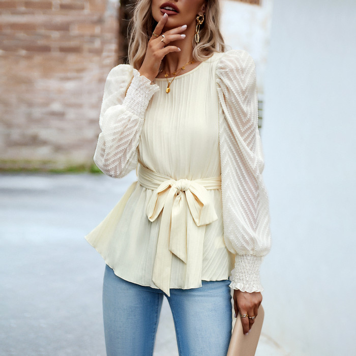Women's Elegant Round Neck Long Sleeves Blouse