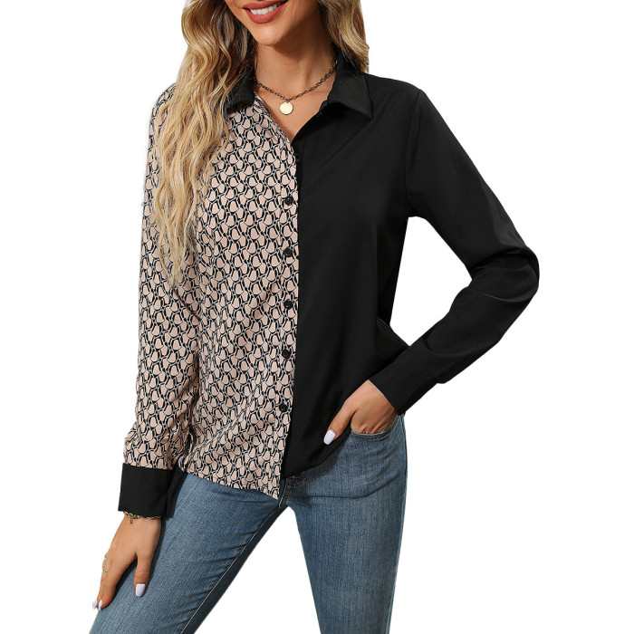 Women's Contrast Color Long Sleeve Top Blouse