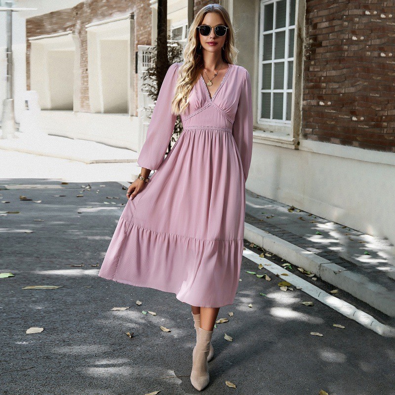 Elegant V-neck Long-sleeved Solid Color Midi Dress