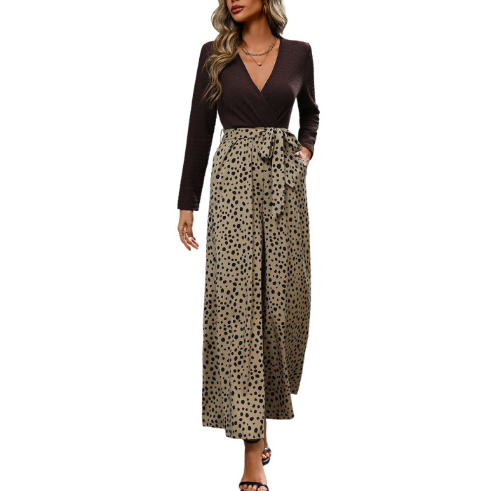 Women's Elegant Long Sleeve V-Neck Top Wide Leg Jumpsuit