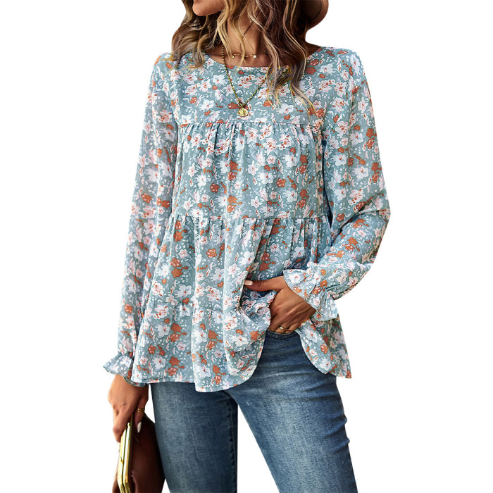 Women's Casual Round Neck Long Sleeve Floral Top Blouse