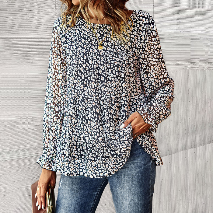 Women's Casual Round Neck Long Sleeve Floral Top Blouse