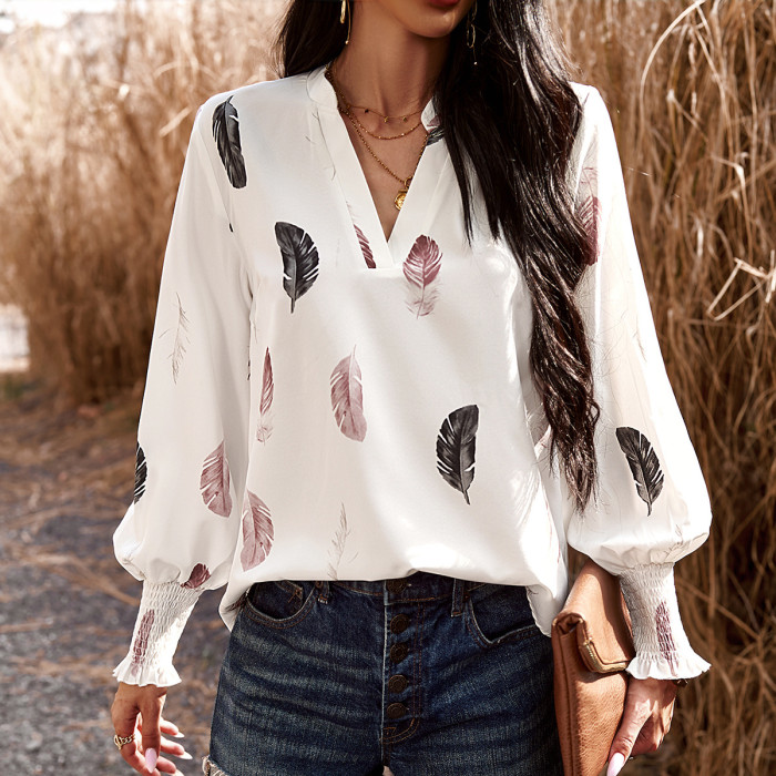 Women's Long Sleeve V-Neck Printed Blouse