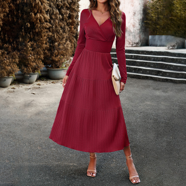 Women's Solid Color V Neck Long Sleeve Elegant Maxi Dress
