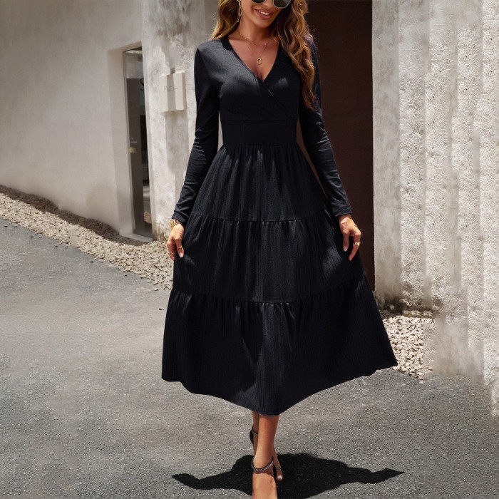 Women's Solid Color V Neck Long Sleeve Elegant Maxi Dress