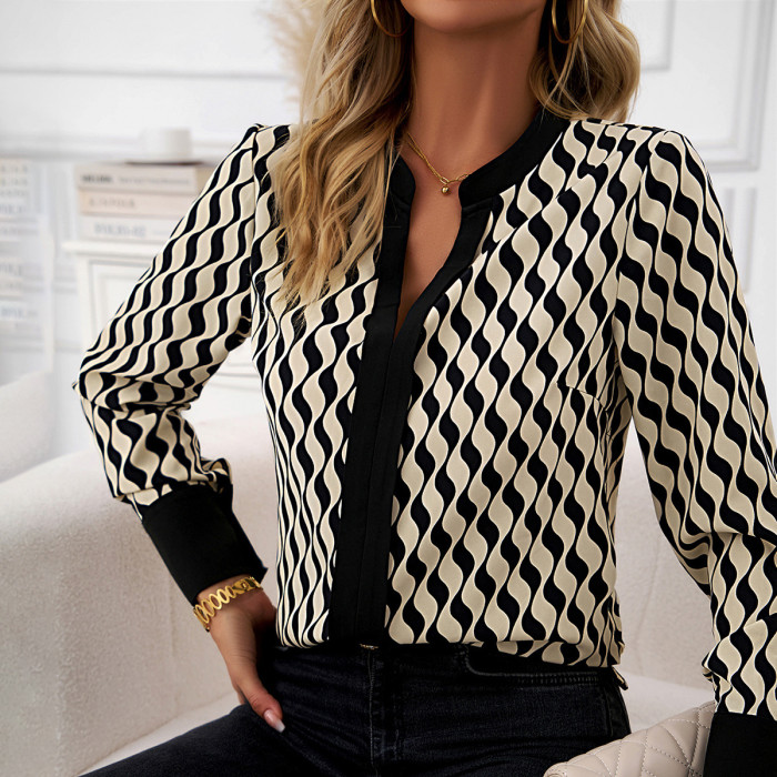 Women's Long Sleeve V-Neck Printed Top Blouse