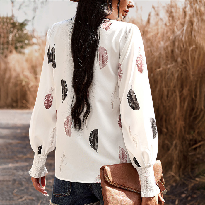 Women's Long Sleeve V-Neck Printed Blouse