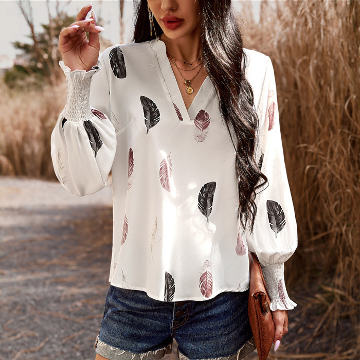 Women's Long Sleeve V-Neck Printed Blouse