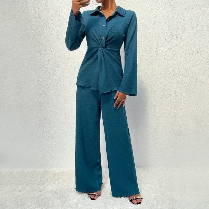 Fashion Women's Casual Solid Color Shirt + Wide Leg Trousers Two Pieces Set