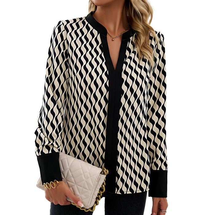 Women's Long Sleeve V-Neck Printed Top Blouse