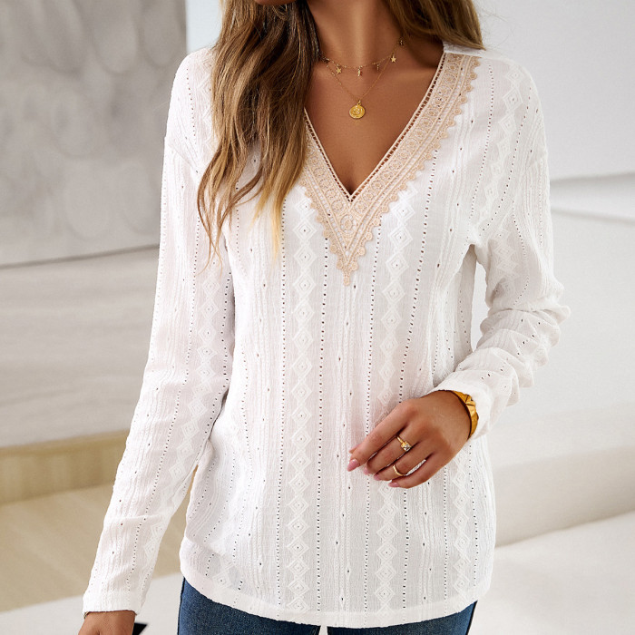 Women's White Long Sleeve V-Neck Top Blouse