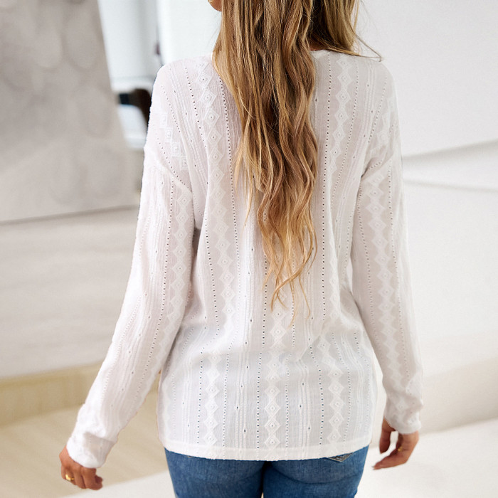 Women's White Long Sleeve V-Neck Top Blouse