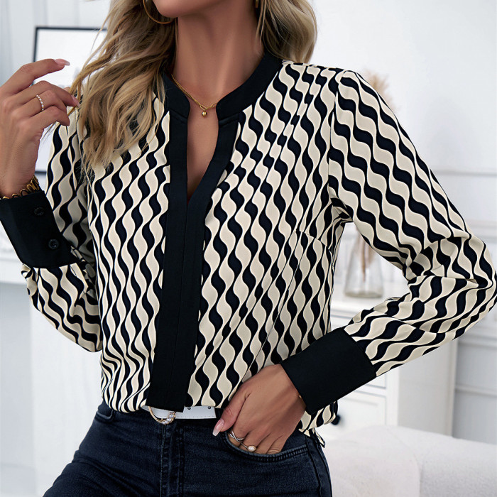 Women's Long Sleeve V-Neck Printed Top Blouse