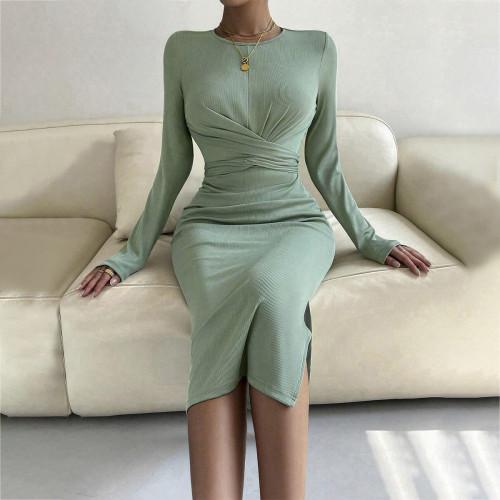 Women's Elegant Long Sleeve Round Neck Slim Fit Midi Dress