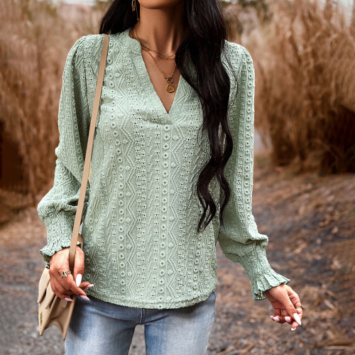 Women's Solid Color Long Sleeve V-Neck Blouse