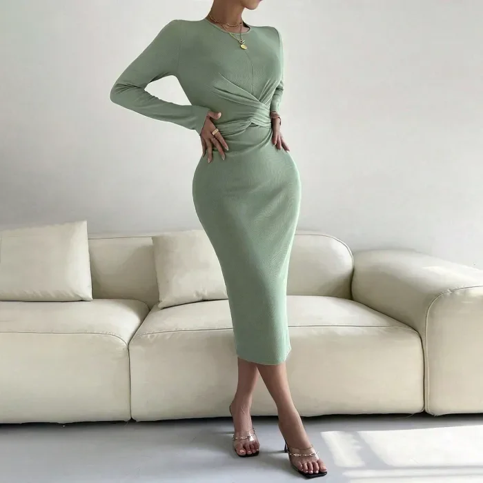 Women's Elegant Long Sleeve Round Neck Slim Fit Midi Dress