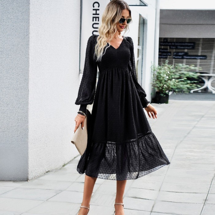 Women's V-neck Elegant Solid Color Midi Dress