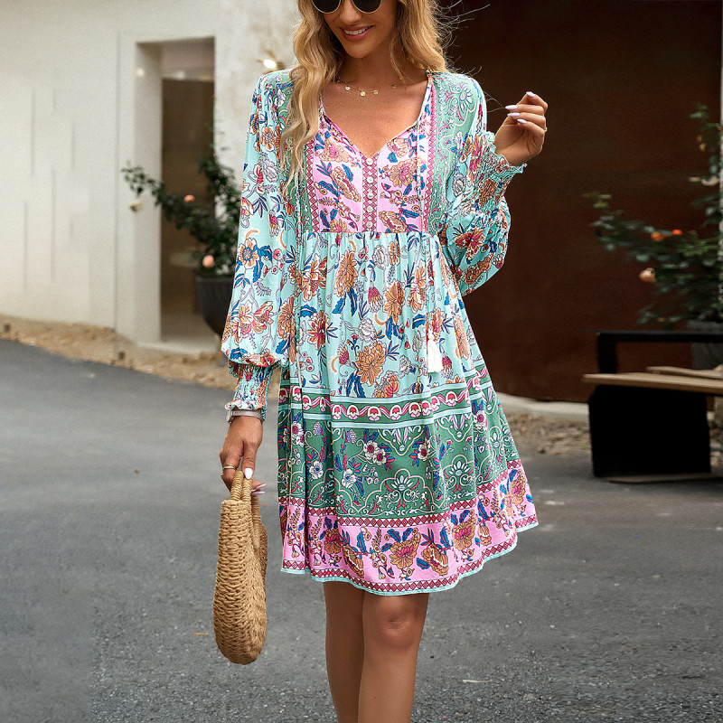 Women's Printed Casual Long Sleeve Midi Dress
