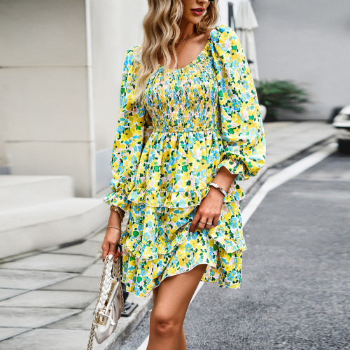 Women's Casual Floral V-Neck Long Sleeve Dress