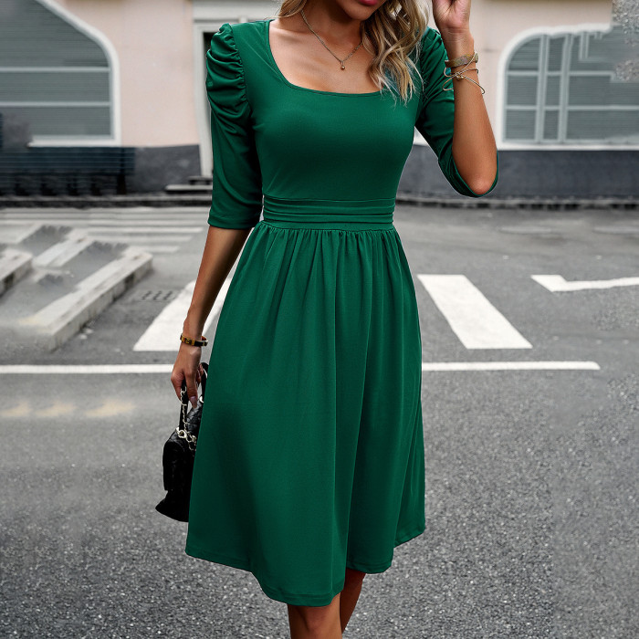 Women's Elegant Solid Color Square Neck Midi Dress