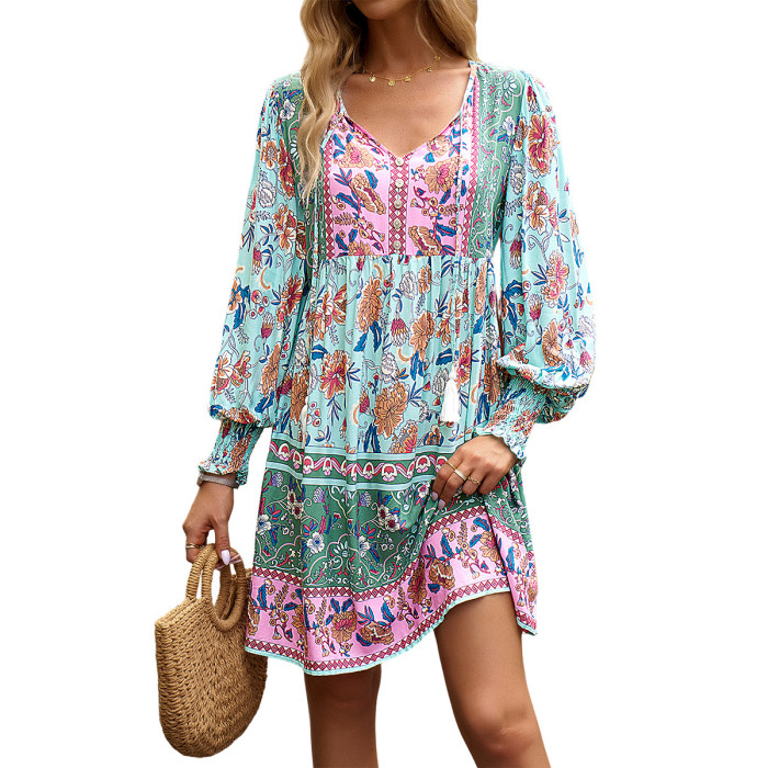Women's Printed Casual Long Sleeve Midi Dress