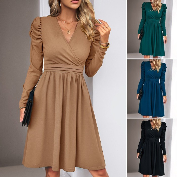 Women's Elegant Solid Color V-Neck Long Sleeve Dress