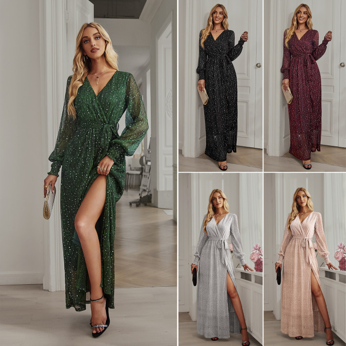 Women's Sexy Fashion V Neck Long Sleeve Maxi Dress