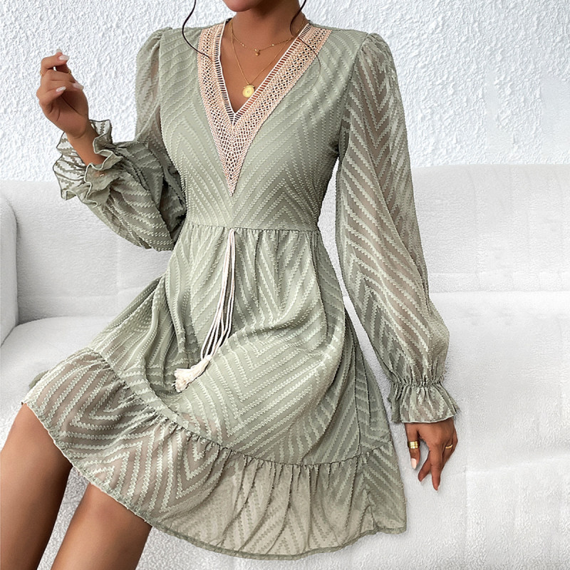 Women's Fashionable V Neck Long Sleeve Casual Dress