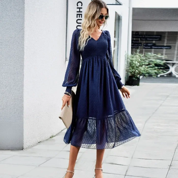 Women's V-neck Elegant Solid Color Midi Dress