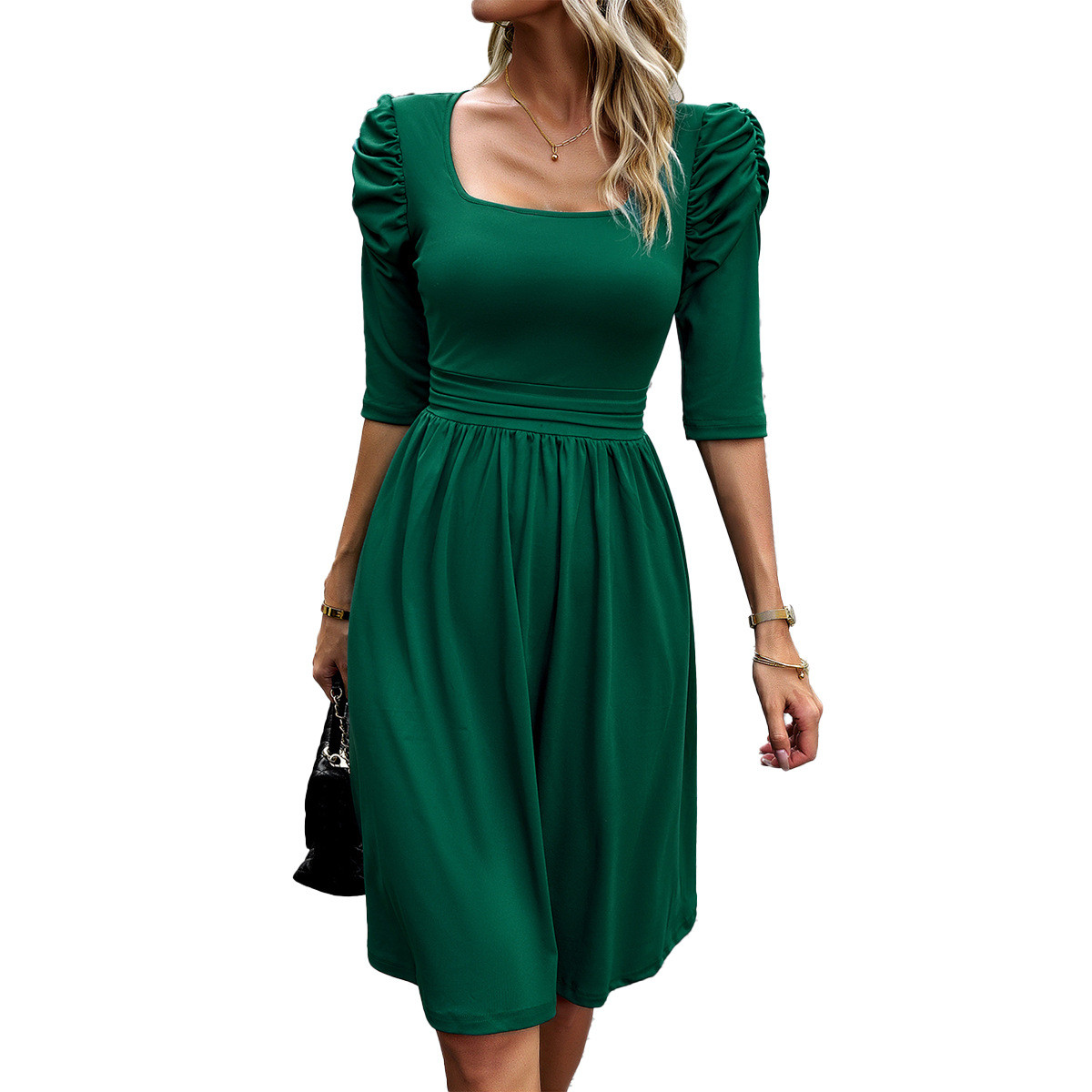 Resd Solid Color Square Women's Elegant Solid Color Square Neck Midi Dress