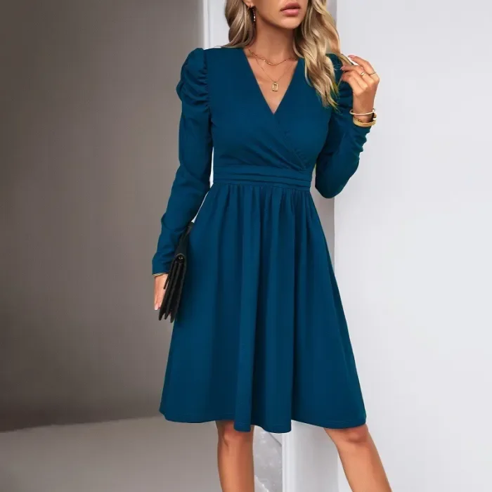 Women's Elegant Solid Color V-Neck Long Sleeve Dress