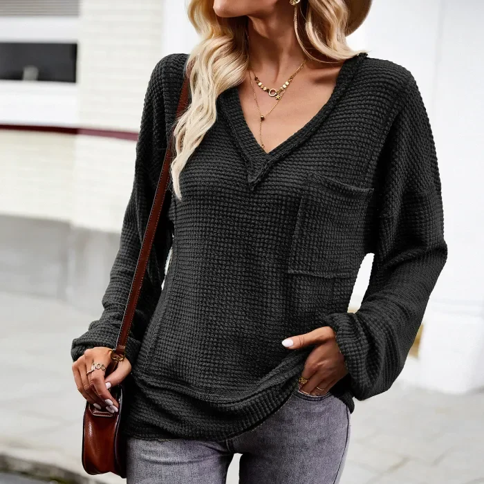 Women's Solid Color Knitted V Neck Long Sleeve Blouse