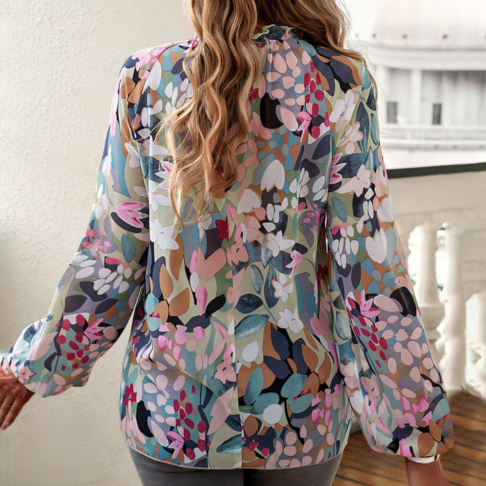 Women's Casual Printed Round Neck Long Sleeve Blouse