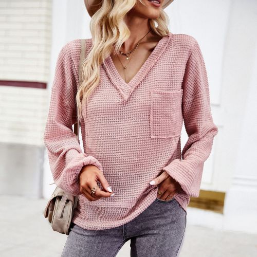 Women's Solid Color Knitted V Neck Long Sleeve Blouse