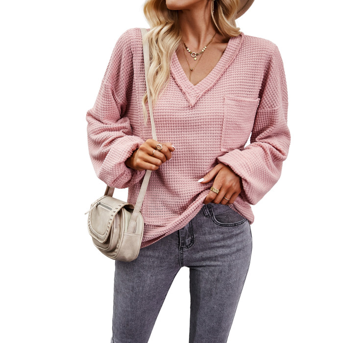Women's Solid Color Knitted V Neck Long Sleeve Blouse