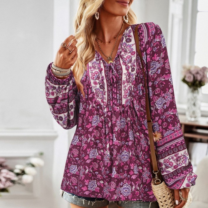 Printed Roll Up Sleeve Cotton Blouse C4188A/274C