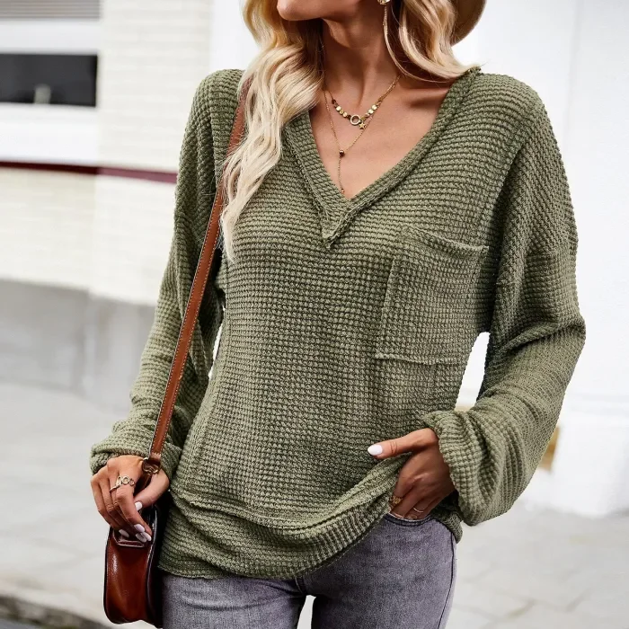 Women's Solid Color Knitted V Neck Long Sleeve Blouse
