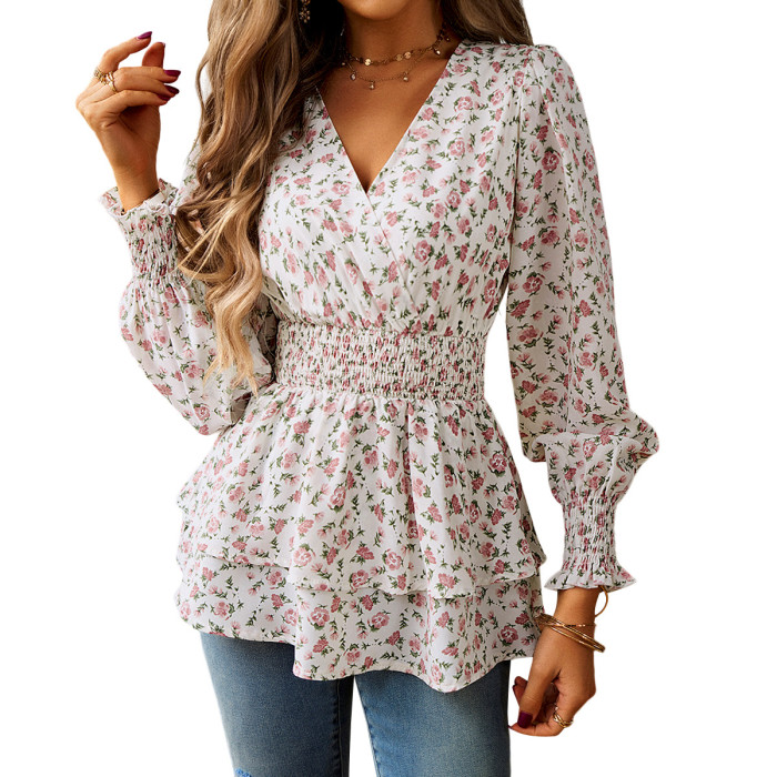 Women's Floral Fashionable V-Neck Long Sleeve Blouse