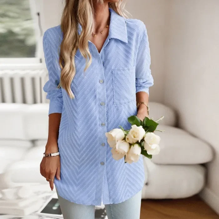 Women's Solid Color Shirt Jacquard Long Sleeve Blouse