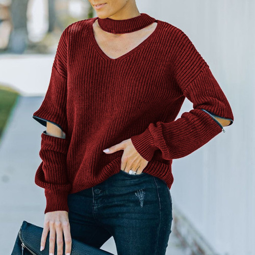 Women's V-neck Solid Color Knitted Sweater