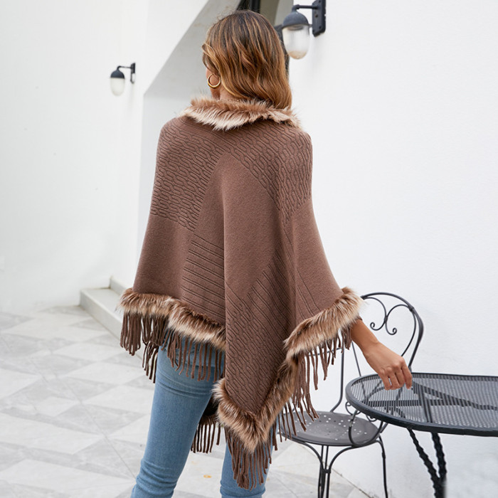 Women's New Solid Color Loose Knitted Fringed Cape Cardigan
