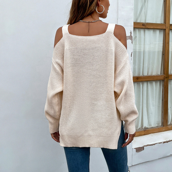 Women's New Solid Color Off Shoulder Knitted Sweater