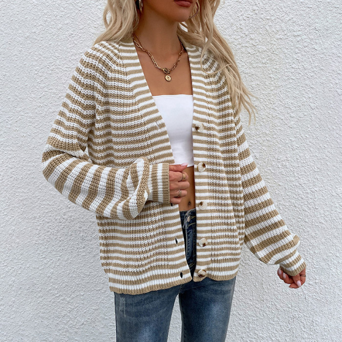 New Casual Striped V Neck Knitted Cardigan
