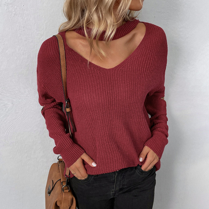 Women's V-neck Solid Color Knitted Sweater