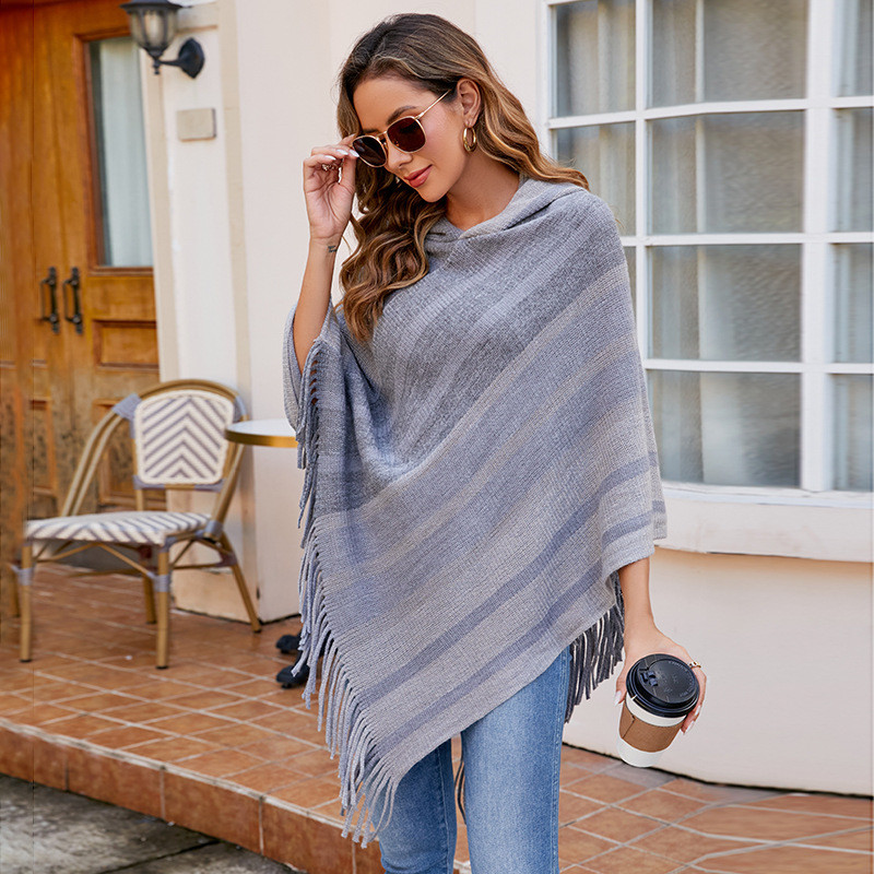 Women's Striped Knitted Fringed Shawl Cardigan